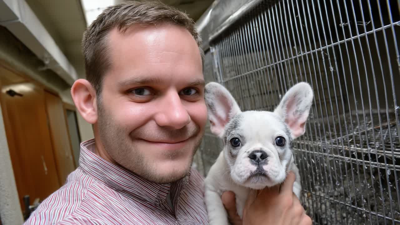 A Joyful Moment: A Smiling Person Holding an Adorable French Bulldog Puppy in a Cozy Shelter Environment