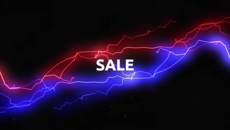 Animation-of-sale-text-over-flying-red-and-blue-lightening