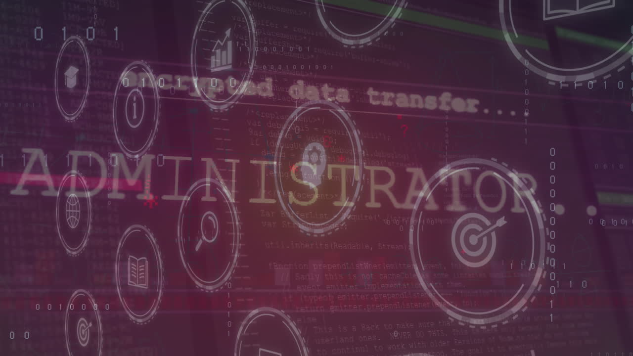 다중 디지털 아이콘의 애니메이션과 분홍색 그라디언트 배경의 데이터 처리 인터페이스