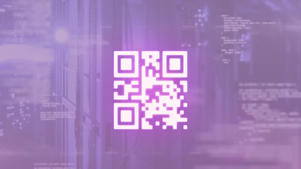 Animation of neon qr code scanner and data processing against computer server room