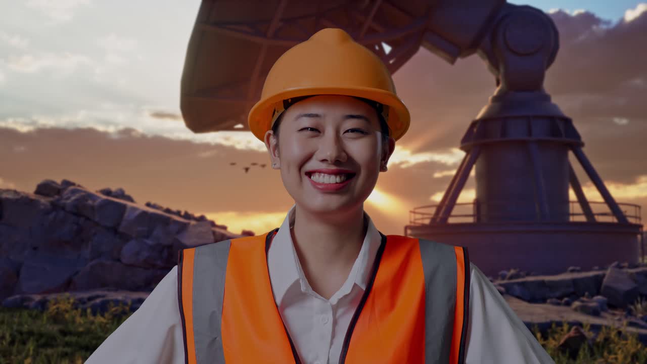 Close Up Of Asian Female Engineer Wearing Safety Helmet Looking At Camera While Standing With Arms Akimbo With Large Satellite Dish