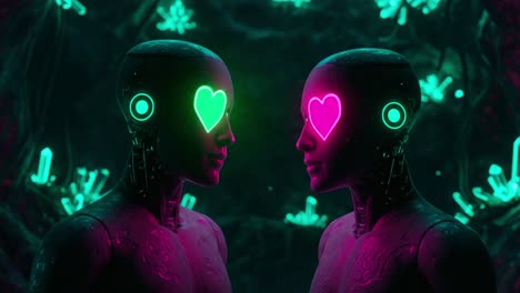 a mesmerizing encounter between two futuristic robots with heart-shaped displays, illuminating a neon environment of bioluminescent flora and technological wonders