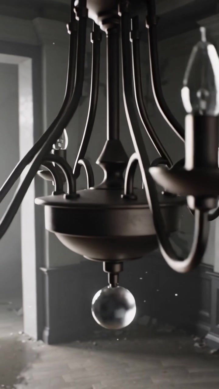 Vertikales Video: Kamera fährt zurück und zeigt schwingenden Glasanhänger eines Kronleuchters im Salon, Fenster beleuchtet.