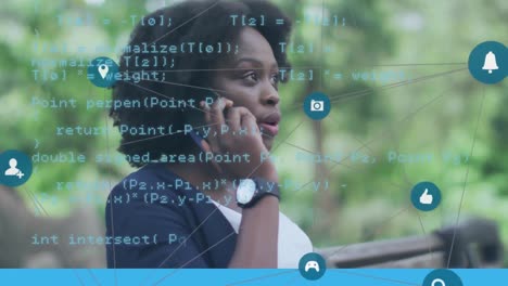 animation of network of media icons and data over african american woman using smartphone in park