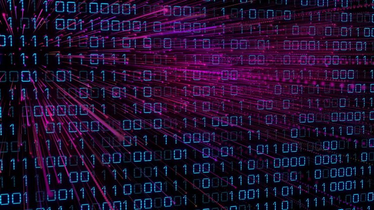 Animation of dynamic data processing with binary code and digital lines in school