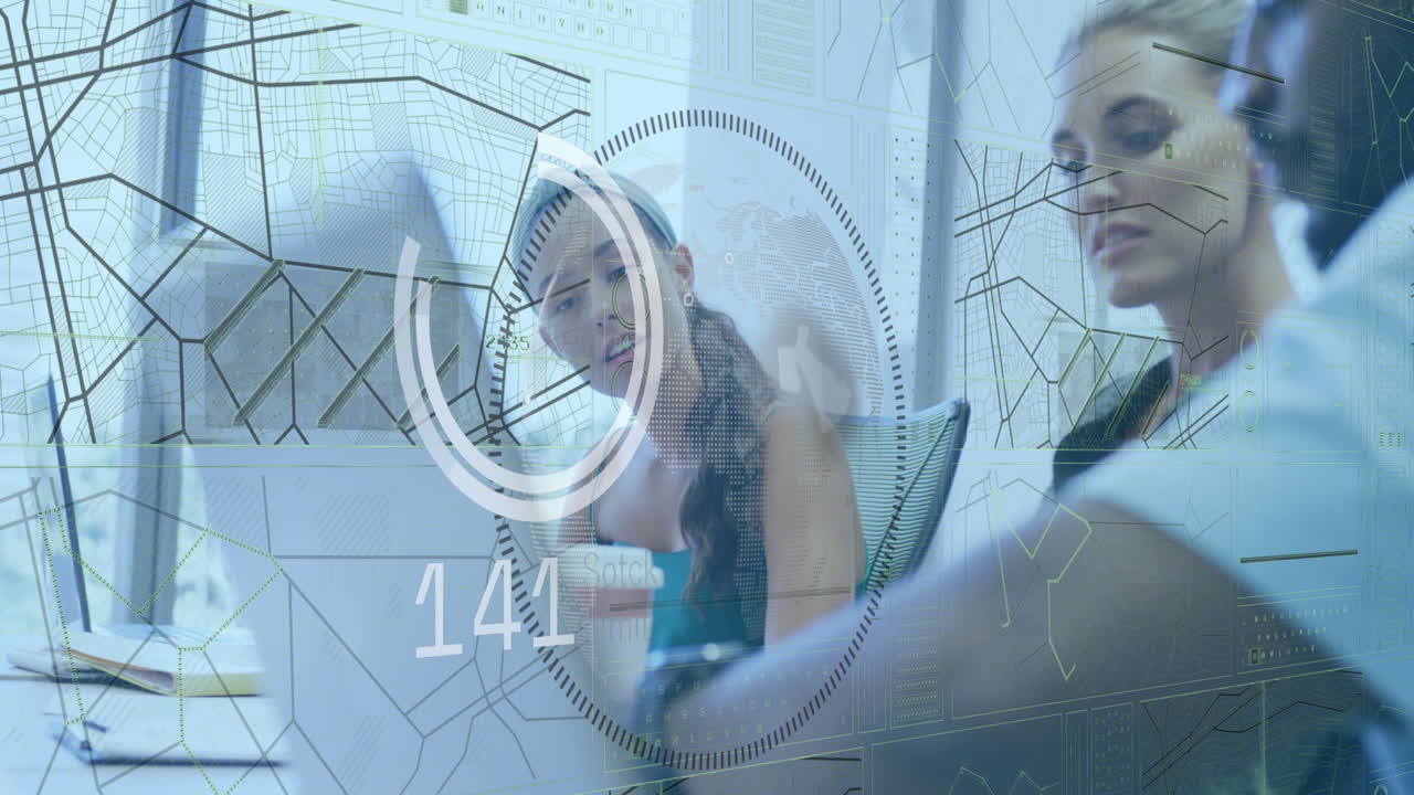 Animation of data processing over diverse business people in office