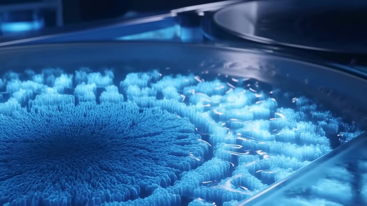 Vivid blue illuminated liquid swirling inside dark circular basin, spreading from glowing center into textured ripples and glossy reflections within cool futuristic industrial setting, with dramatic