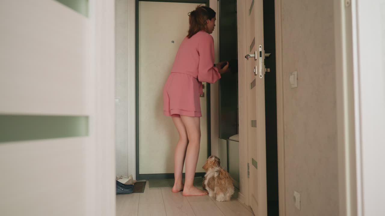 Woman In Pink Greets Puppy, Woman In Pink Attire Welcomes Her Attentive Puppy Moments Before Departure, Woman Dressed In Pink Greets Her Loyal Puppy Calmly At Doorway Before Leaving