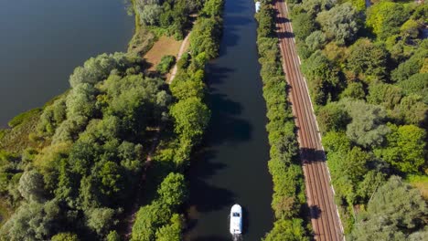 drone shot of a boat sailing in a canal during the day in Norwich, England