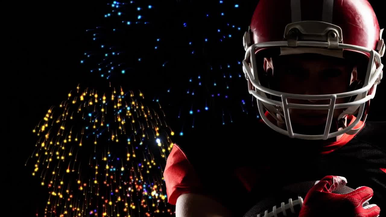 Animation of confetti over american football player on black background