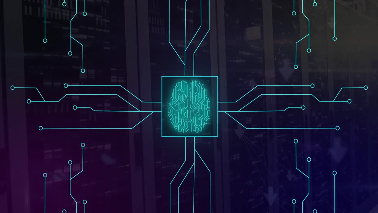 animación de la red de neón de conexiones con el cerebro digital sobre la sala de servidores