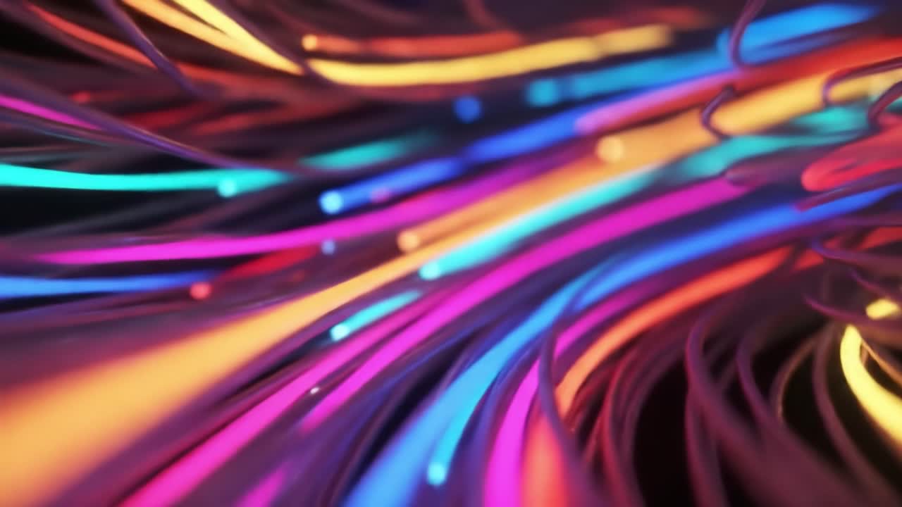 Vibrant light trails weave and swirl through space, creating captivating patterns in a mesmerizing dance of colors. The glowing strands enhance the dynamic atmosphere of the environment.