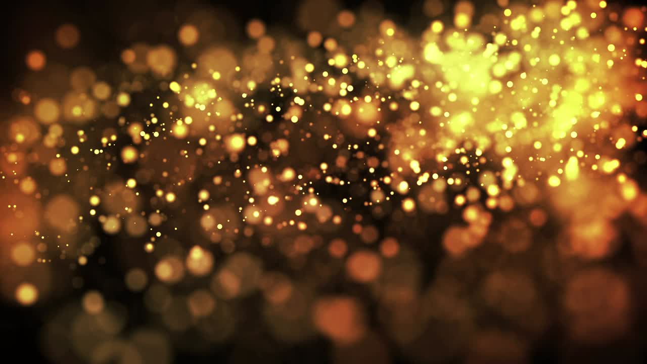gold particles in liquid float and glisten. Background with glittering golden particles depth of field and bokeh. Luma matte to cut out glowing particles for holiday presentations. 4k 3d animation. 10