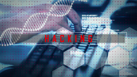 animación de hackeo de texto y cadena de adn sobre mujer que trabaja en la oficina