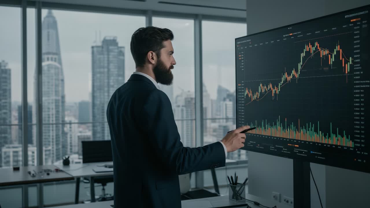 A Business Professional Analyzing Market Trends Through Graphs on a Digital Display in a Modern Office Overlooking a City Skyline