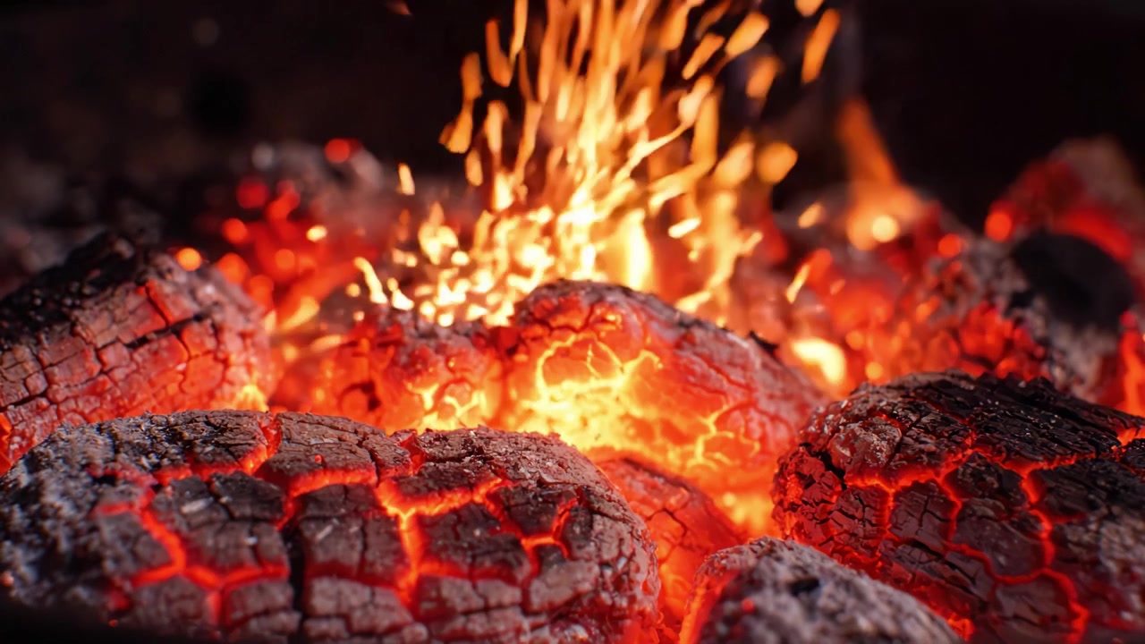 L'affascinante bagliore delle braci ardenti: Un'esplorazione ravvicinata del calore intenso e della colorazione radiosa nel legno carbonizzato, che evidenzia la natura dinamica della combustione.