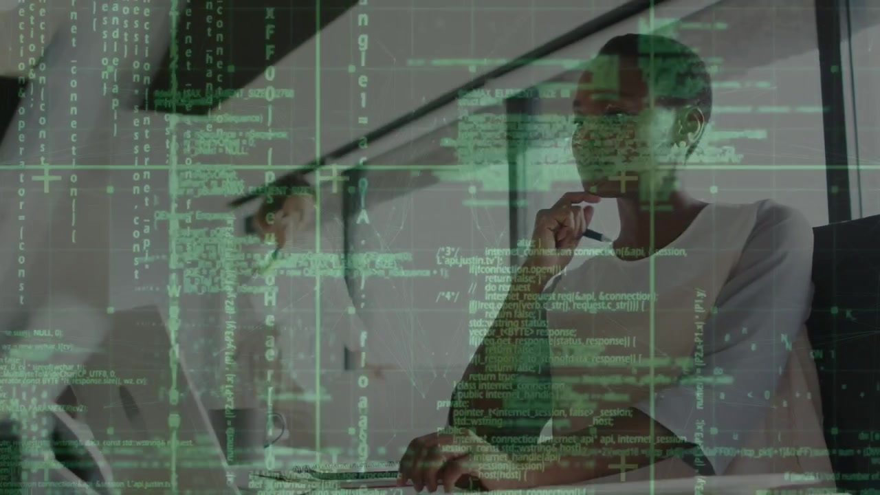 Animation of financial data processing over business people