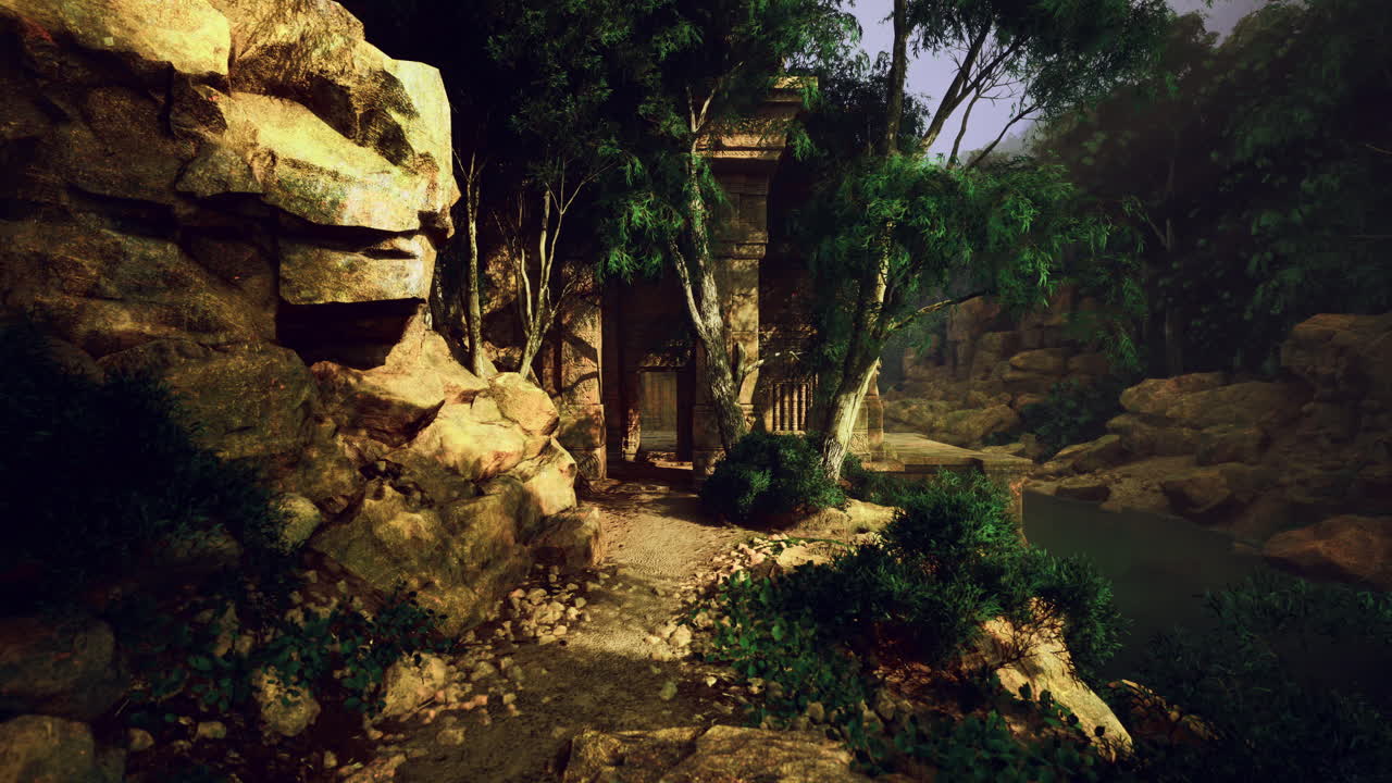 Exploring an ancient ruined structure surrounded by dense greenery and rocks