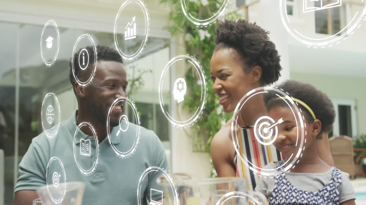 카우카시안 커플이 vr 수학 별을 착용한 아이콘과 연결 네트워크의 애니메이션