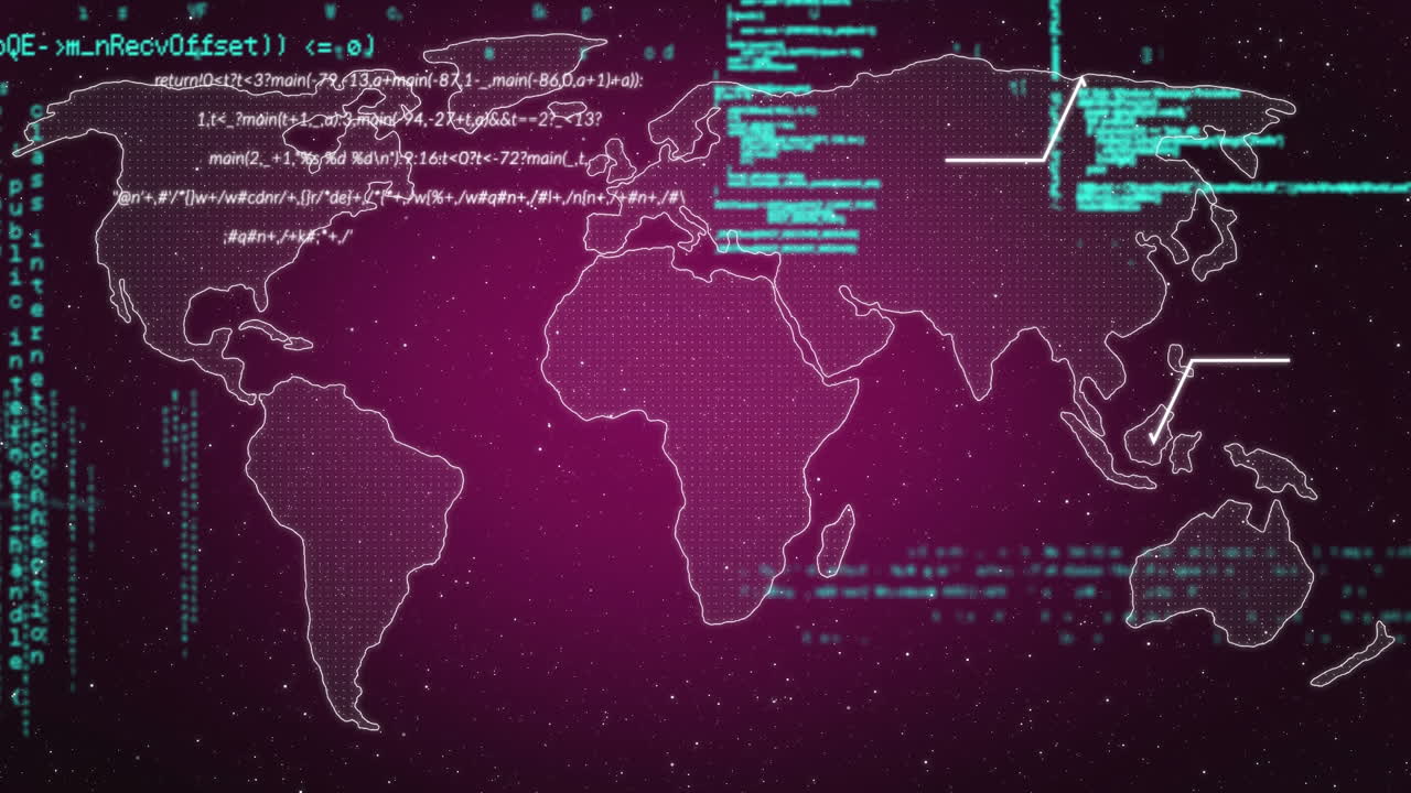 Animation of interface with world map and moving information on purple background