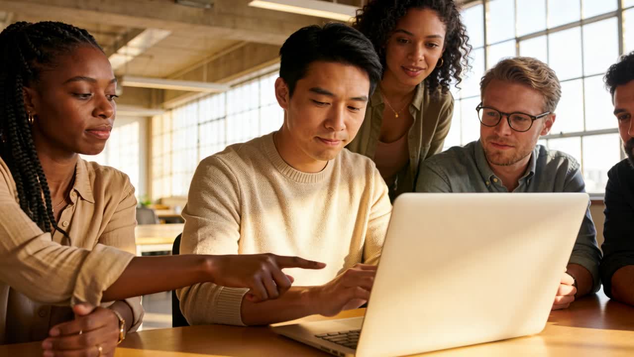 Central man typing on laptop after left woman pointing, coworkers watching during business review