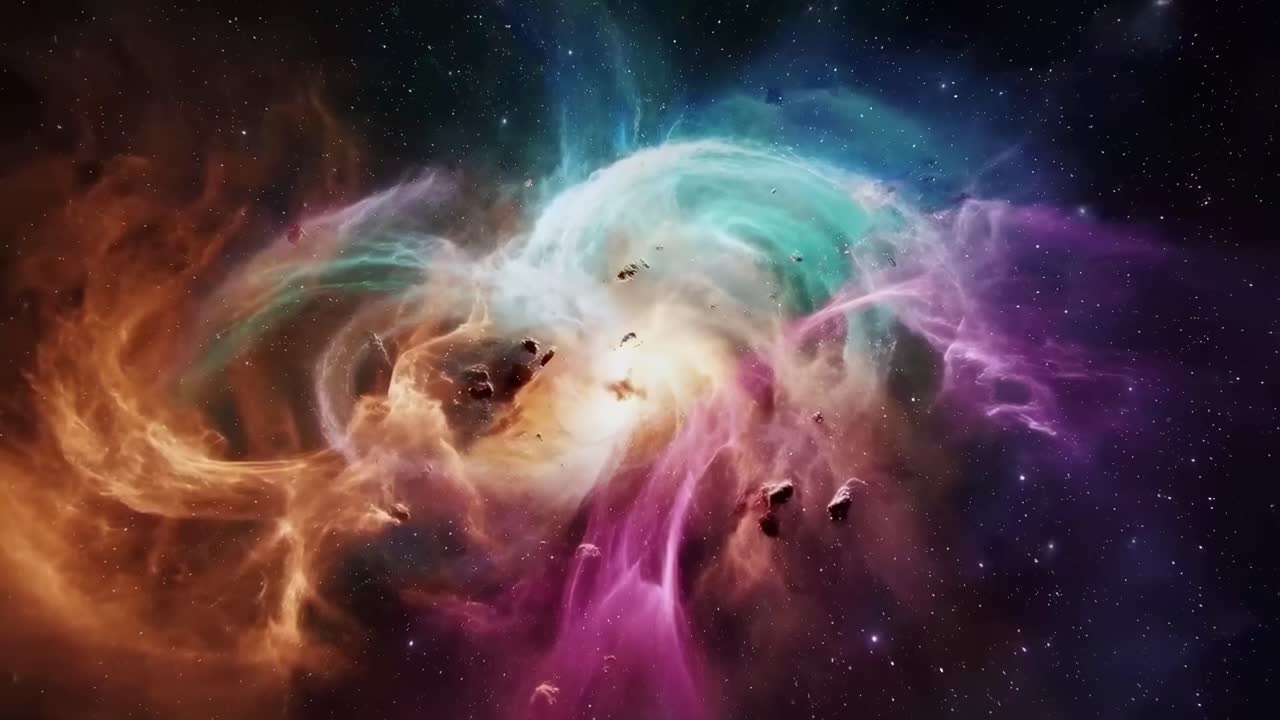 Vibrant cosmic nebula video from a wide-angle perspective, showcasing swirling colors