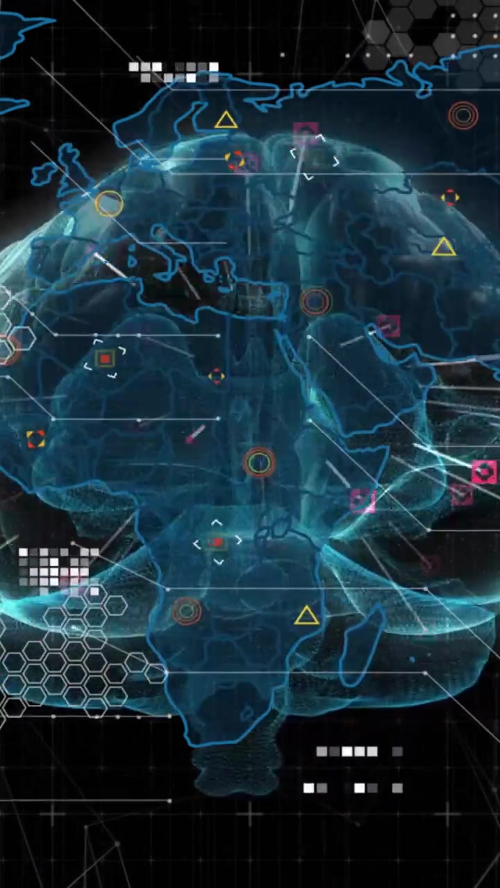 Vertical video: Camera pulling back showing teal 3D brain mesh rotating, UI mapping magenta markers