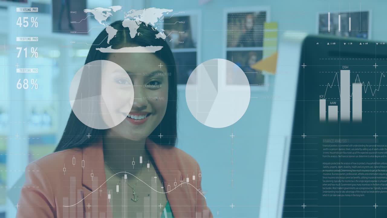 Animation of statistical data processing against happy biracial woman using computer at office