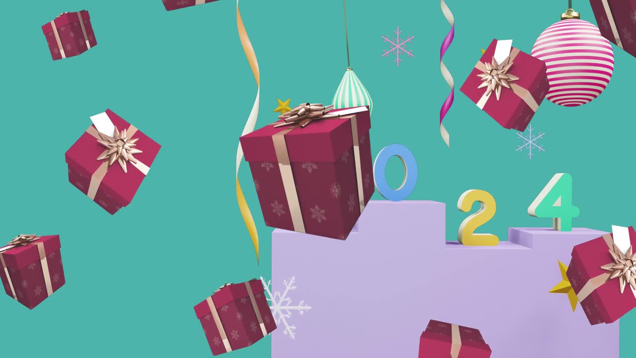 Animation of 2024 text and christmas decorations in background
