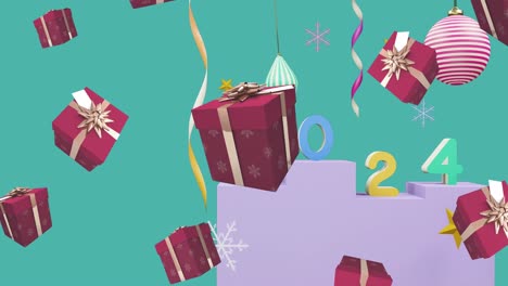 Animation-of-2024-text-and-christmas-decorations-in-background