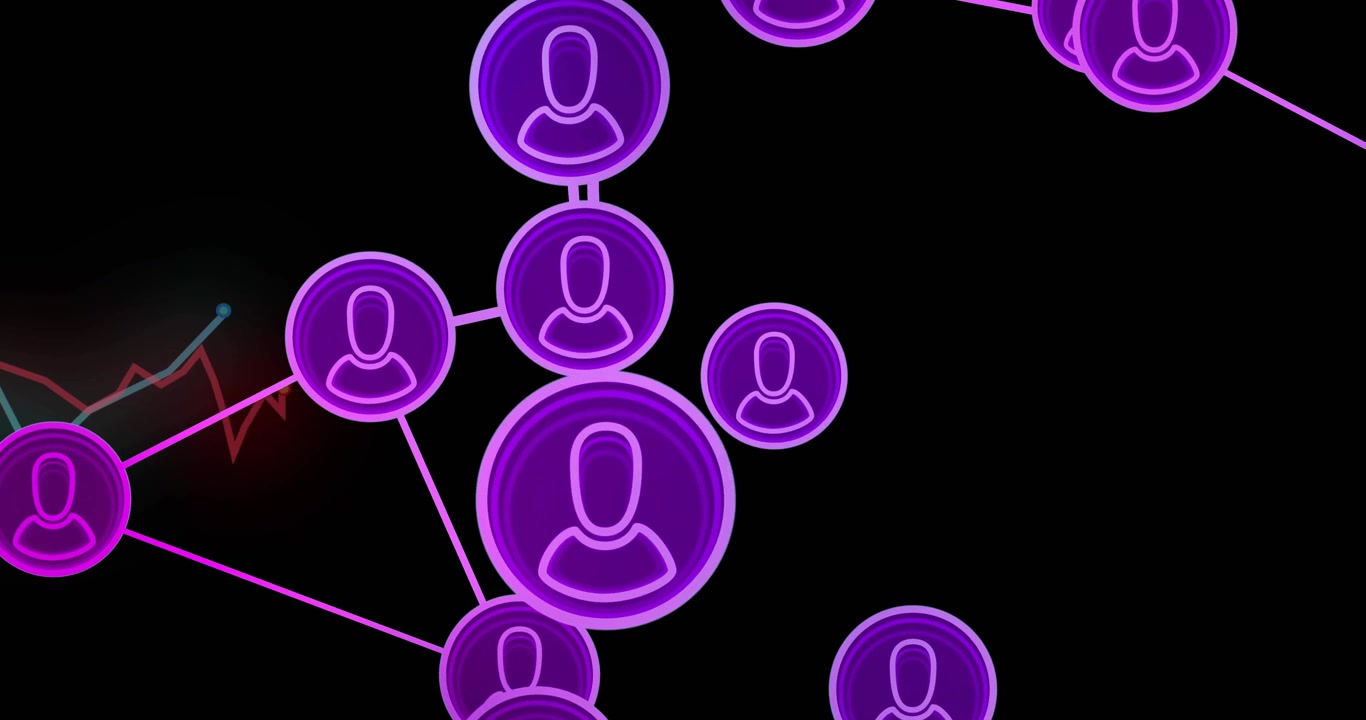 Camera pushing through glowing purple avatar nodes, clusters drawing closer and revealing metrics