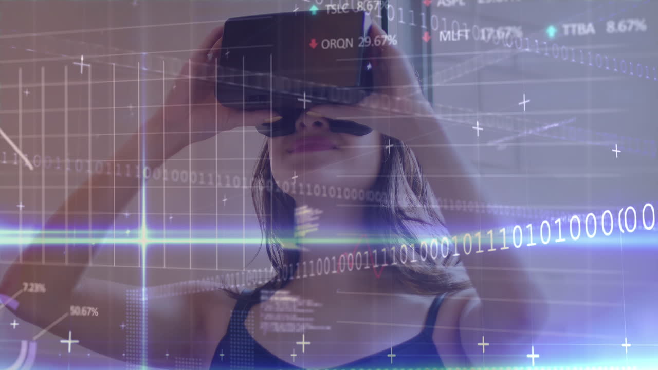 animación del procesamiento de datos sobre mujer caucásica con auriculares vr