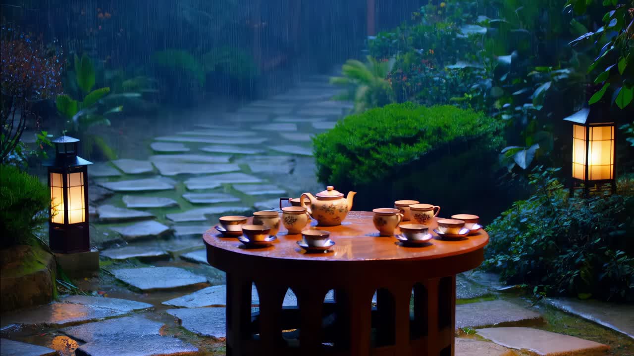 ceremonia del té de la noche lluviosa en un jardín