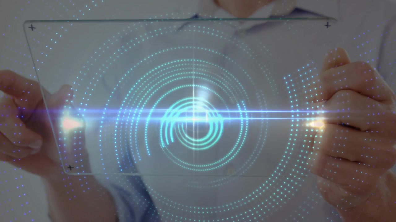 Man holding transparent tablet, raising finger, intensifying beam and reshaping holographic data