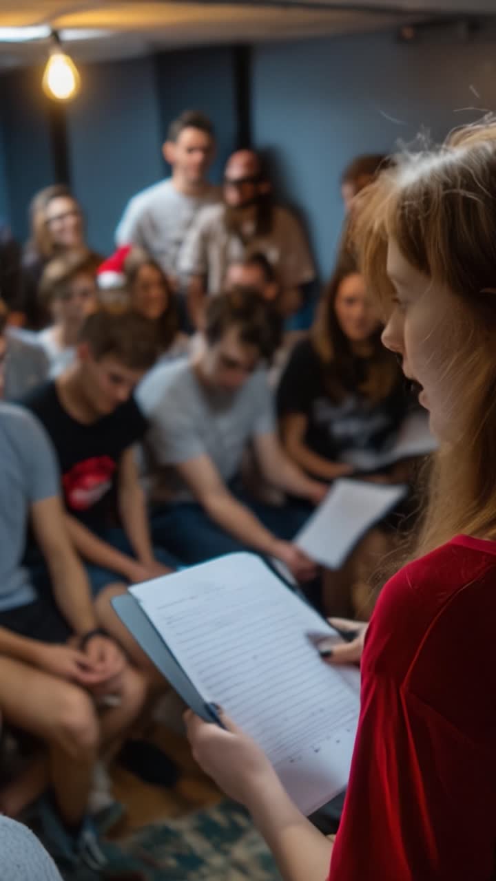 Engagerende gruppesession med aktiv deltagelse: En ung kvinde leder en diskussion i et rum fyldt med opmærksomme lyttere, der er klar til at lære og samarbejde