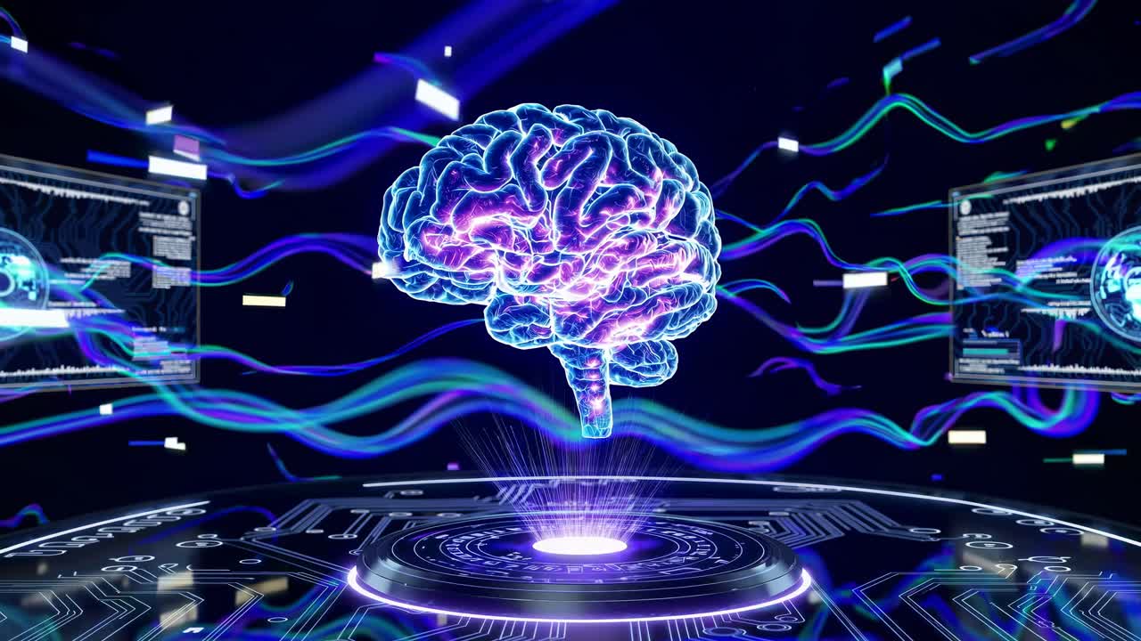 Futuristic video concept with a digital brain at eye-level angle, surrounded by neon data streams