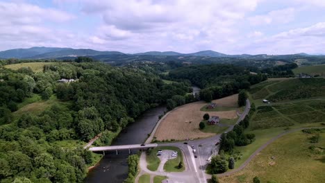 Aerial-of-New-River-near-West-Jefferson-NC,-West-Jefferson-North-Carolina,-Jefferson-NC,-Boone-NC,-Boone-North-Carolina