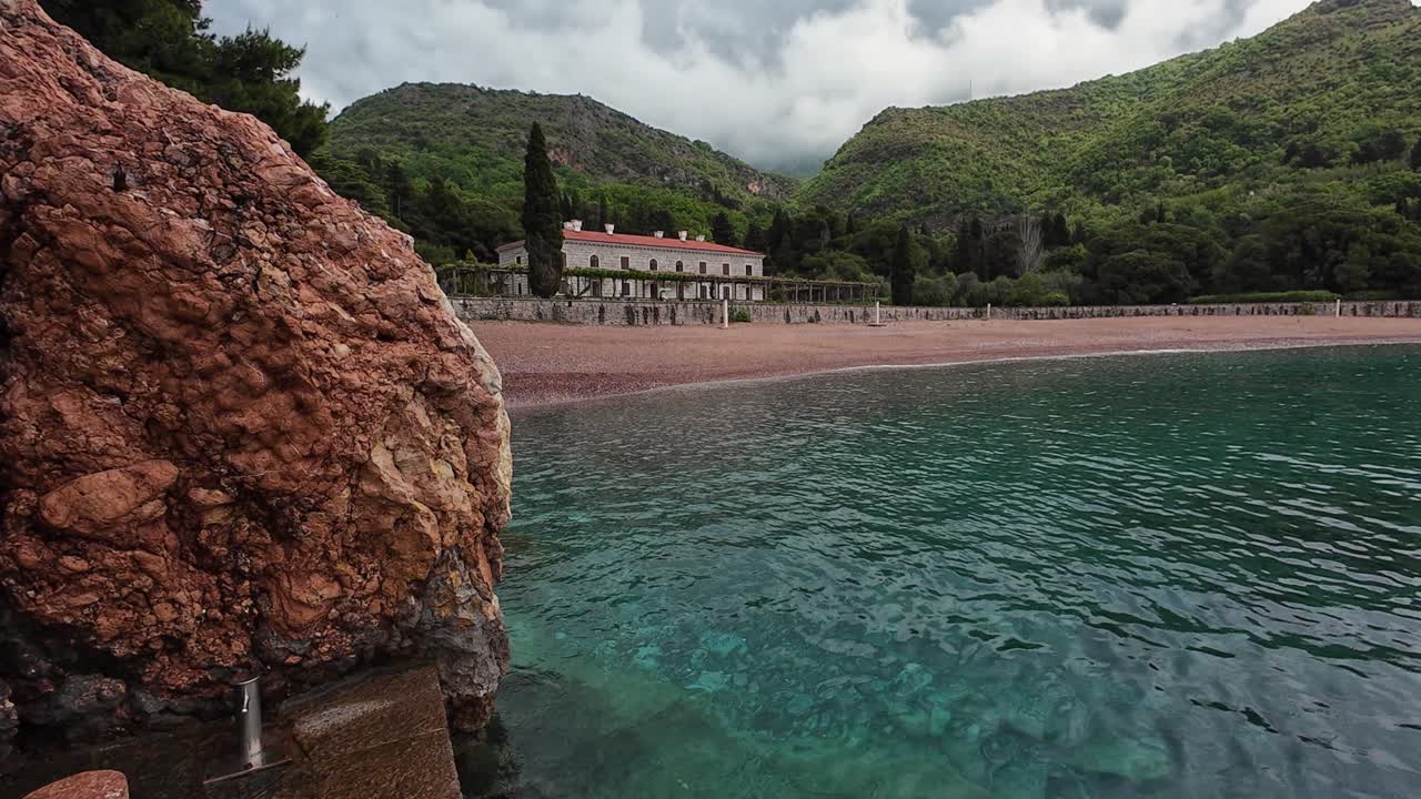 Panoramic Miloca Bay Montenegro Landscape Featuring Blue Waters and Mountains Near Sveti Stefan