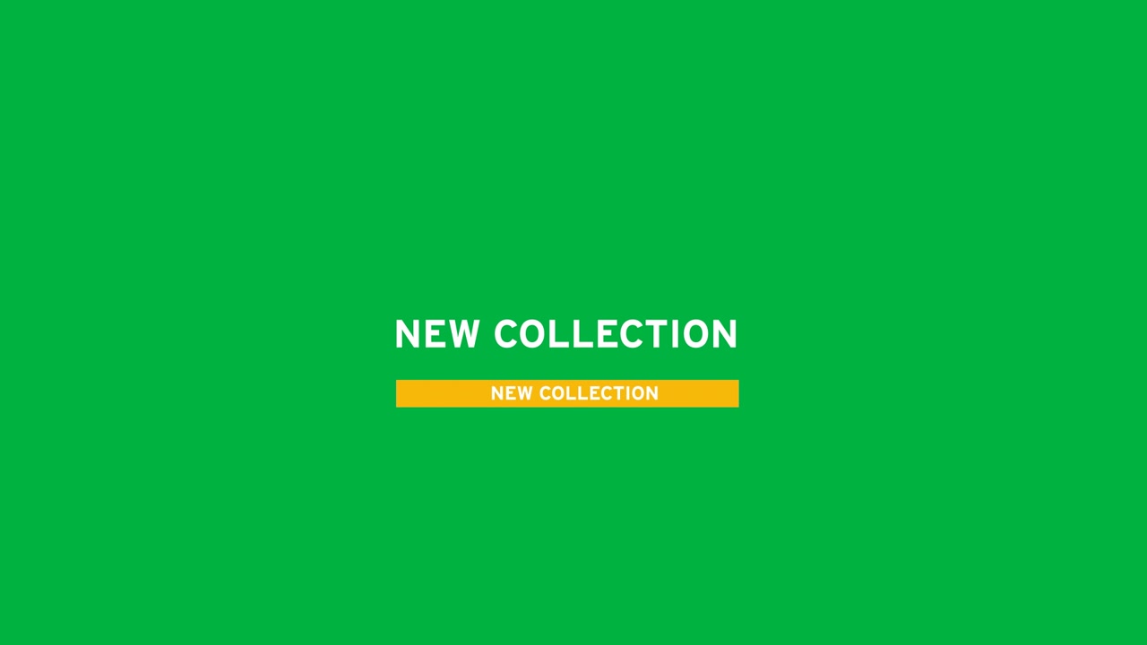 Animazione del testo "Nuova Collezione" su un banner giallo su sfondo bianco