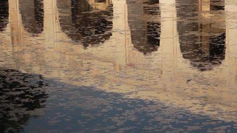 closeup of a beautiful building reflection on the water surface of a pond