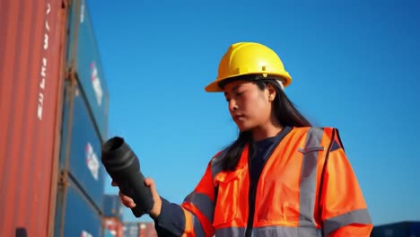 a focused woman in a hard hat and safety vest inspects a tool in a shipping yard, symbolizing dedication and safety in logistics and operations management.
