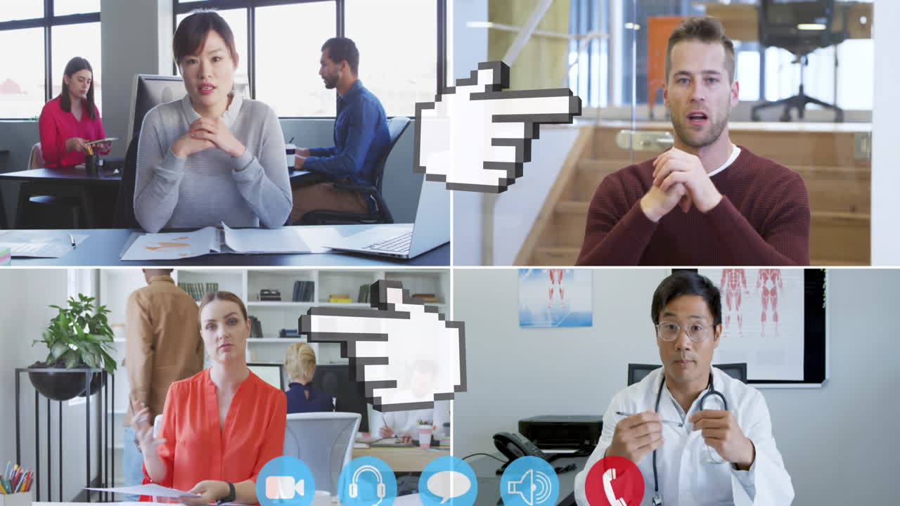 비디오 통화를 하는 다양한 사업가 들 위 의 디지털 손 의 애니메이션