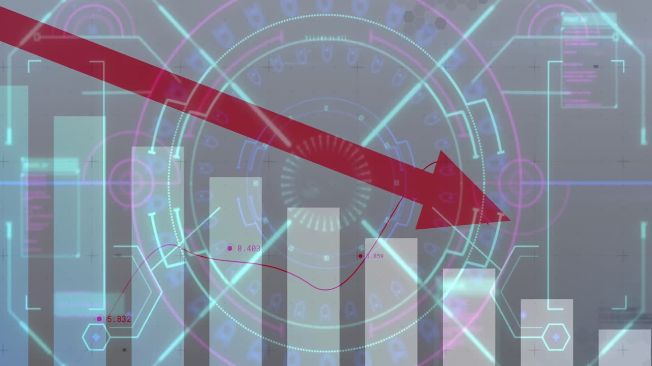 animación del escaneo del alcance y el procesamiento de datos financieros con flecha apuntando hacia abajo