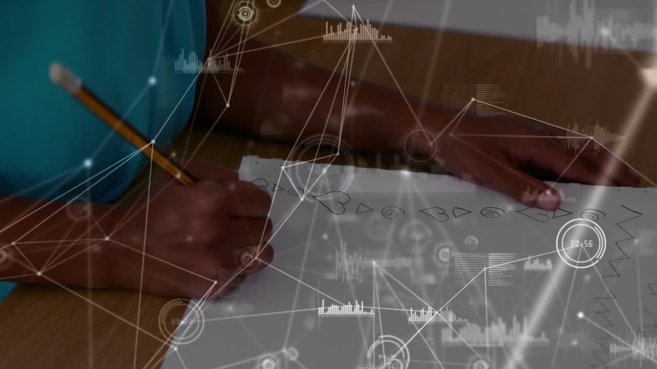 animación de un niño dibujando sobre una red de puntos conectados en el fondo