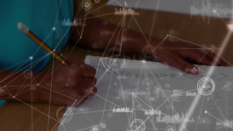 animation of a kid drawing over web of connected dots  in the background