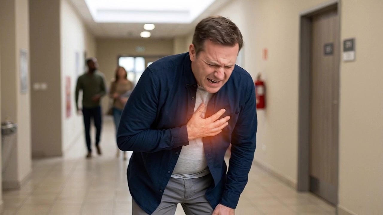 Man pressing chest with visible pain while standing in hospital corridor