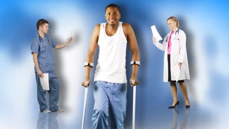 Ethnic-young-man-walking-with-crutches-with-doctors-in-the-background-footage