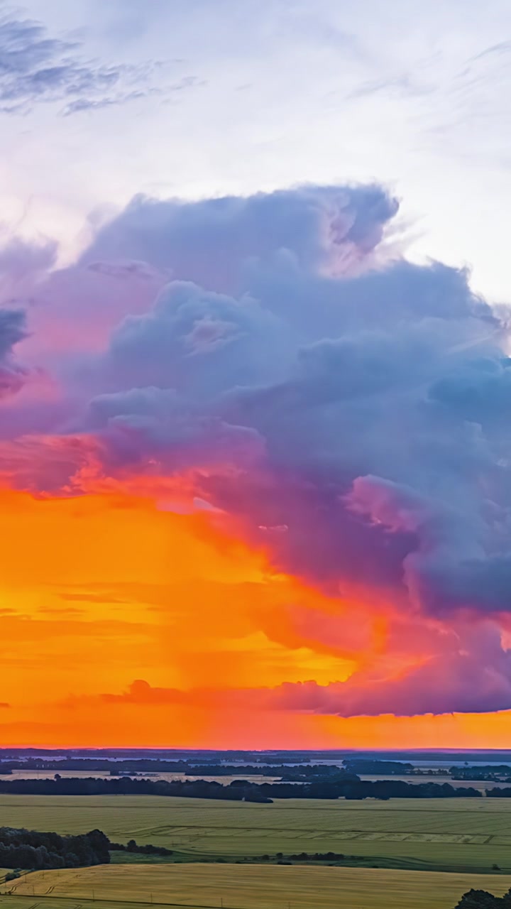 Nubes de tormenta dramáticas se mueven sobre tierras de cultivo durante un vibrante atardecer en un paisaje rural
