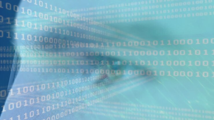 Animation von Datenverarbeitung über dem Auge eines Geschäftsmannes