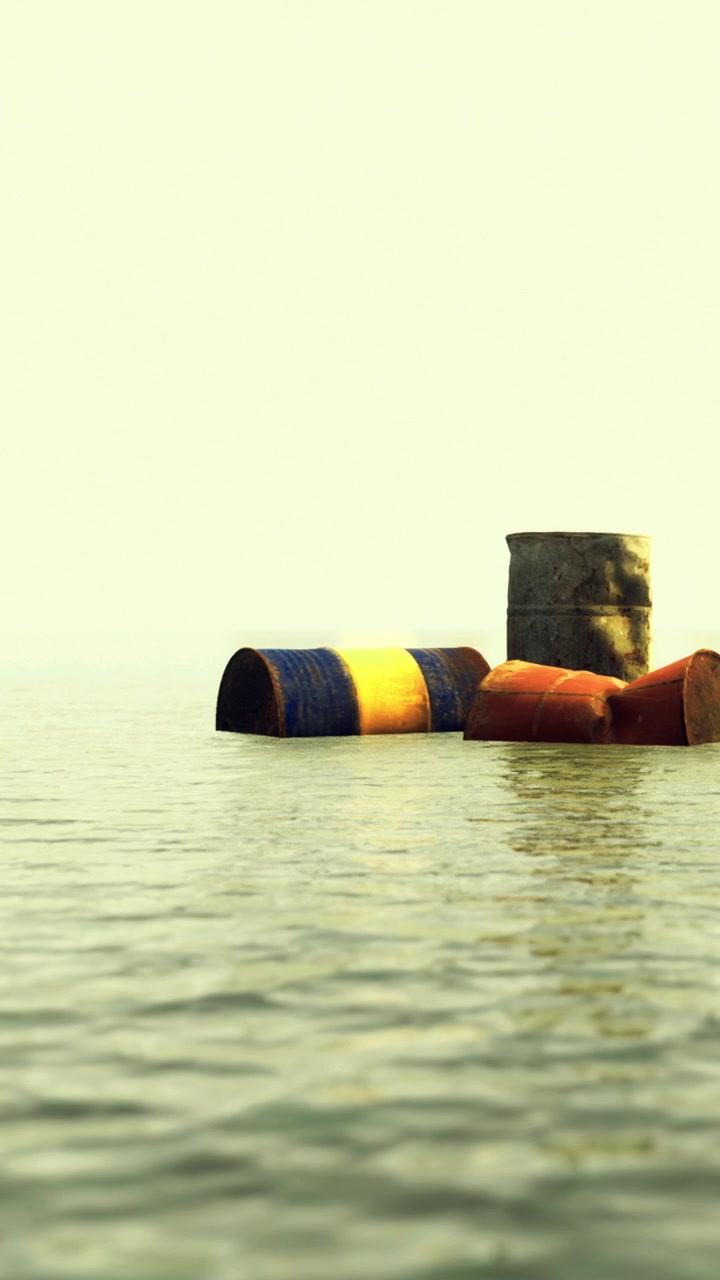 Barrels float on calm water during early morning light in a quiet setting
